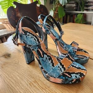 ASOS Snakeskin Embossed Leather 5" Platform Chunky Heels US 9 Blue Yellow Pink‎
